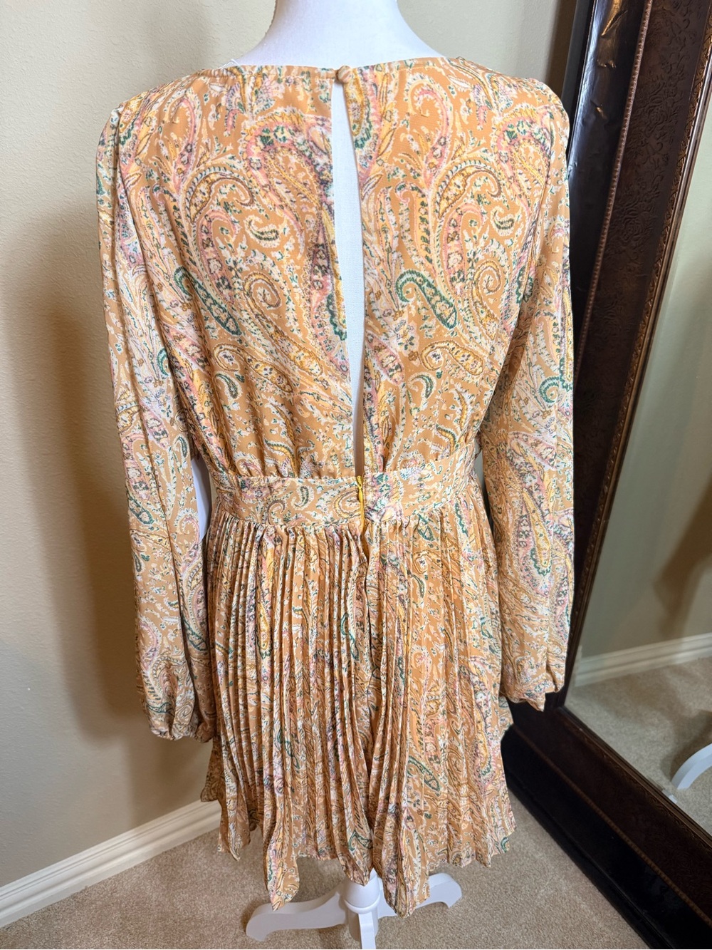 Paisley V-Neck Long Sleeve Mini Dress in Mustard - Picture 3 of 5